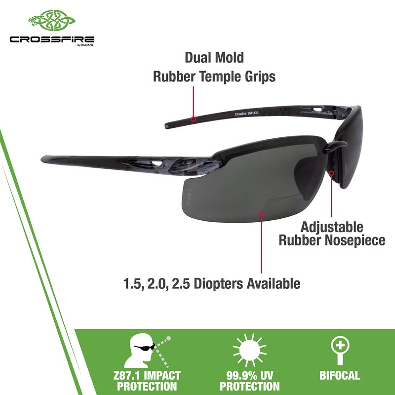 Crossfire Eyewear 2941420 2.0 Diopter ES5 Safety Glasses with Black Frame and Smoke Polarized Lens - Image 2